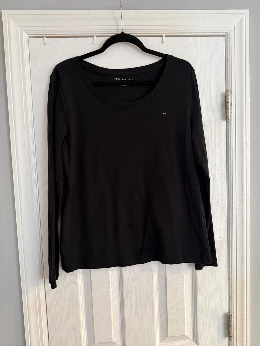 Tommy Hilfiger Black Long Sleeve 100% Cotton Crew Neck Top with Flag Logo